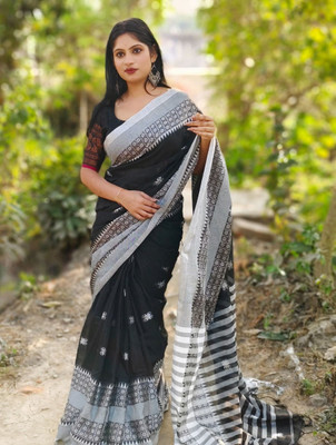 ANU INDIAN FASHION Woven Handloom Cotton Blend Saree(Black, White)