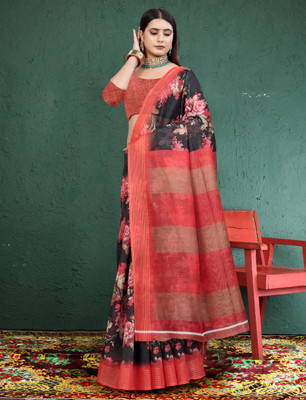 HangerStories Printed Kanjivaram Pure Cotton, Chanderi Saree(Black, Red)