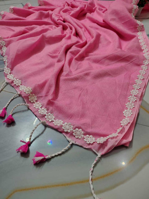 FASHIONIUM Solid/Plain Handloom Cotton Blend Saree(Pink)