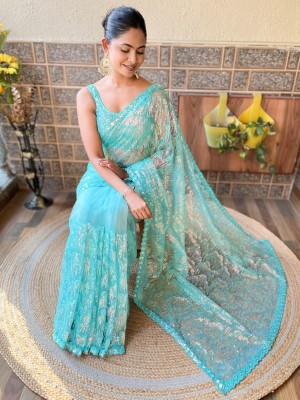 Sareemall Embellished Bollywood Net Saree(Light Blue)