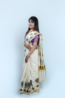 RG HANDLOOM Embroidered Handloom Cotton Blend Saree(White)