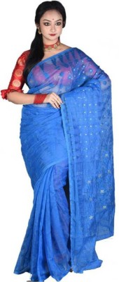 jammdanilaxmi Embroidered Jamdani Cotton Silk Saree(Light Blue)