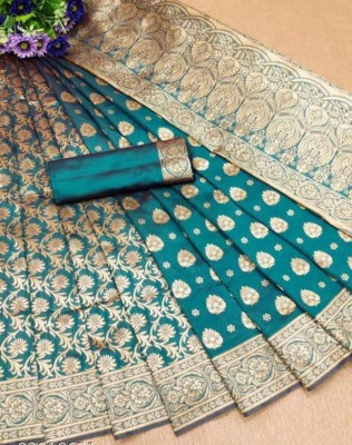 SIRIL Printed, Geometric Print, Floral Print Banarasi Cotton Silk, Art Silk Saree(Blue, Gold)