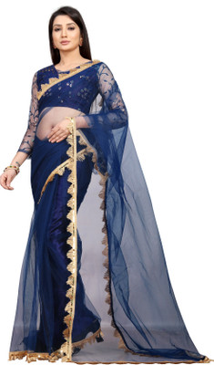 Barkiya Creation Embroidered Bollywood Net Saree(Blue)