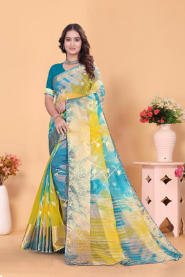 Aarunika IC Solid/Plain Bollywood Organza Saree(Light Blue)