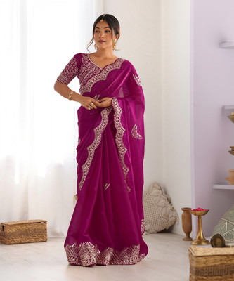 Satrani Embellished, Embroidered Bollywood Organza Saree(Pink)
