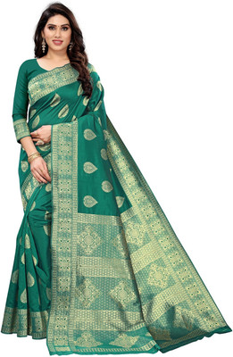 kevami fashion Geometric Print Kanjivaram Tussar Silk Saree(Dark Green)