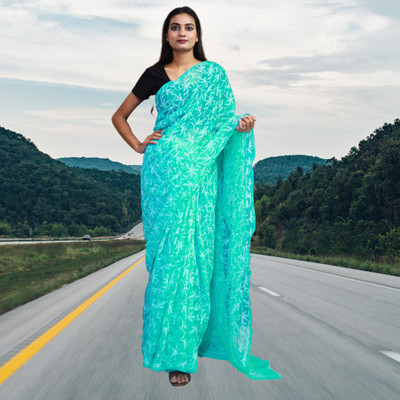 Quds Embroidered Saree with Attached Blouse Georgette Saree(Light Blue)
