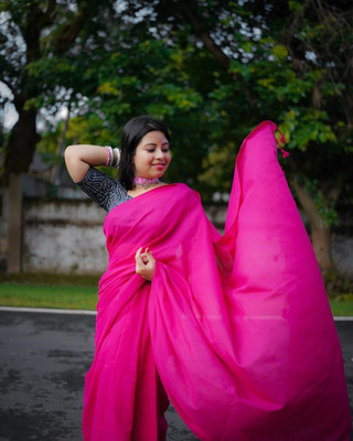 Amita Collections Solid/Plain Handloom Cotton Blend Saree(Pink)