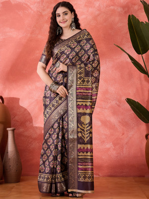 Sangria Printed Saree with Attached Blouse Silk Blend Saree(Purple)