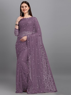 LOROFY Self Design Bollywood Net Saree(Purple)