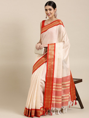 HouseOfCommon Woven, Checkered, Embellished, Self Design Daily Wear Jacquard, Cotton Silk Saree(Red, White, Gold)