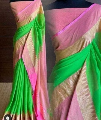 Sthaker Temple Border Handloom Cotton Blend Saree(Green)