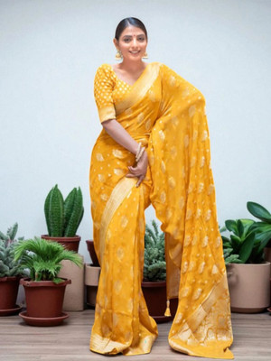 Gaunki Creation Printed Banarasi Jacquard, Art Silk Saree(Yellow)