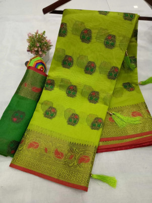 HouseOfCommon Woven Kanjivaram Linen Saree(Green)