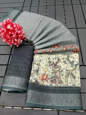 Mervadiya Printed Kanjivaram Pure Cotton, Cotton Linen Saree(Grey)