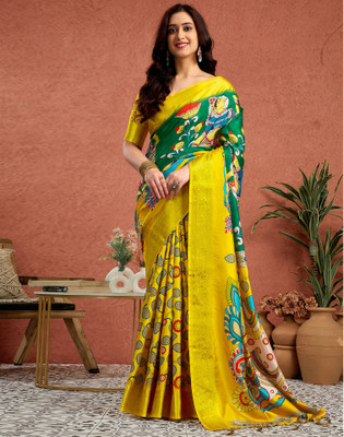Satrani Printed, Woven, Embellished Kalamkari Tussar Silk, Cotton Silk Saree(Yellow)
