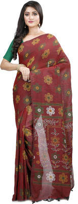 PuJoy Floral Print Handloom Pure Cotton Saree(Brown)
