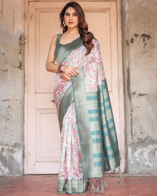 Bansari Textiles Printed Kanjivaram Jacquard, Cotton Blend Saree(Multicolor)