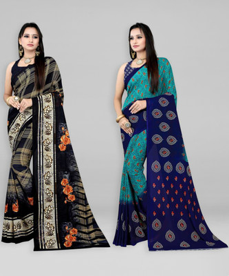Leelavati Printed Daily Wear Georgette Saree(Pack of 2, Dark Blue, Black)