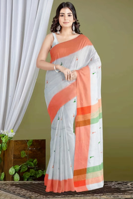 Anjali textile Solid/Plain Handloom Pure Cotton Saree(White, Orange)