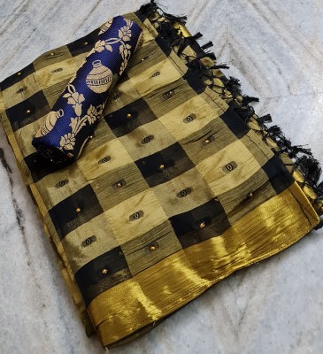 MINE CHOICE Woven, Checkered Banarasi Jacquard, Chiffon Saree(Black, Cream)