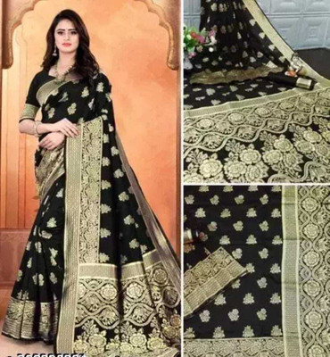 LEAFSY Self Design Banarasi Jacquard Saree(Black)