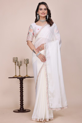 NEELMADHAV FASHION Solid/Plain Bollywood Chiffon Saree(White)