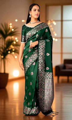 Meghna's Woven, Embellished Banarasi Pure Silk, Jacquard Saree(Dark Green)