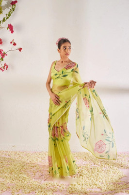 SHIVA Floral Print, Hand Painted, Embellished Bollywood Jimmy choo Saree(Yellow)