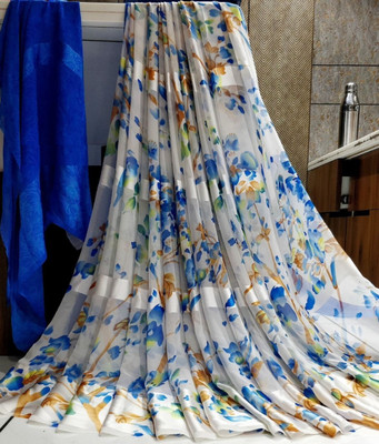 Bombey Velvat Fab Printed, Solid/Plain Mysore Mulmul, Chiffon Saree(Blue, White)