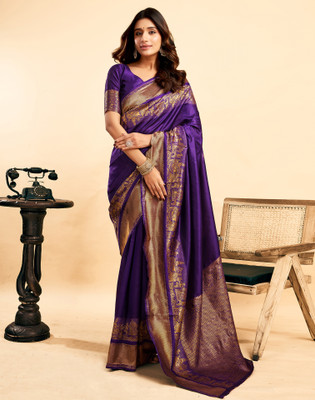 Samah Woven, Embellished Kanjivaram Silk Blend, Jacquard Saree(Purple)