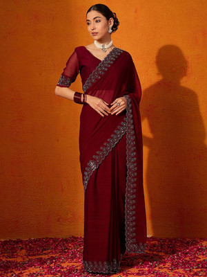 PARI DESIGNER Embellished Leheria Georgette Saree(Maroon)