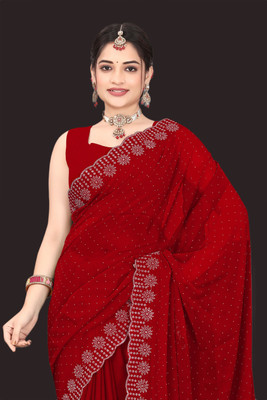 Shivfabric Embellished Bollywood Satin, Chiffon Saree(Red)
