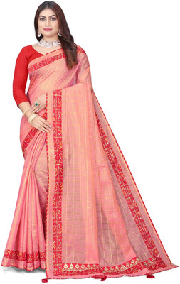 Dhanlaxmi Creation Checkered Handloom Cotton Blend Saree(Pink, Red)