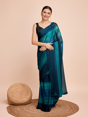 LEOSAGI Solid/Plain, Striped Bollywood Chiffon Saree(Light Blue)