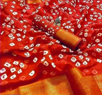 METHRIN CREATION Polka Print Bandhani Cotton Blend Saree(Red)