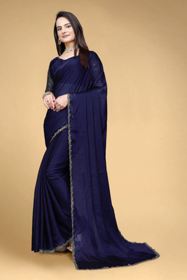 V AMAN FASHION Solid/Plain Bollywood Art Silk Saree(Dark Blue)