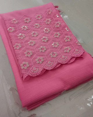 ZENFAB THREADS Solid/Plain, Self Design, Embroidered Daily Wear Georgette Saree(Pink)