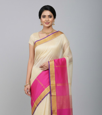 Anugrah Textile Printed Banarasi Lycra Blend, Chiffon Saree(White, Pink)