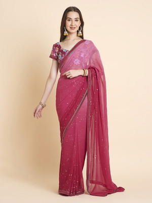 RATAN Embellished Saree with Attached Blouse Georgette Saree(Pink)
