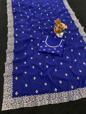 CHAMUNDA CREATION Embroidered Bollywood Organza Saree(Blue)