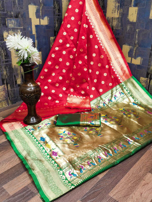 signagraph Woven, Animal Print Paithani Pure Silk Saree(Red)