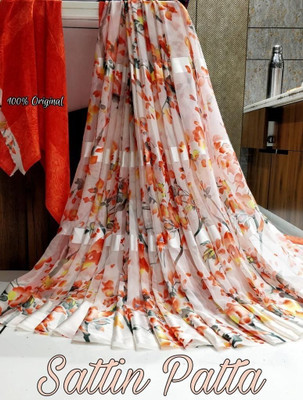 VISIONEMBRO Printed Bollywood Georgette, Satin Saree(Orange, White)