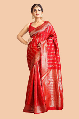 hitesh pahuja Striped, Woven, Self Design Banarasi Pure Silk Saree(Red)
