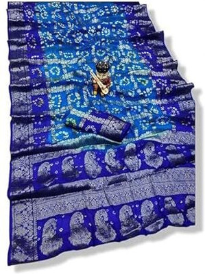 TMT HUB Polka Print Banarasi Cotton Linen Saree(Blue)
