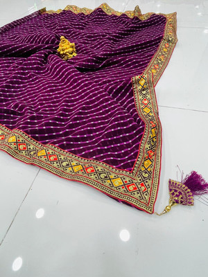 CHITRA TEX Striped, Embroidered, Printed, Geometric Print Leheria Georgette Saree(Purple)