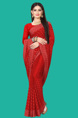 rudraCreation Self Design, Solid/Plain Chanderi Georgette Saree(Red)