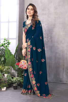 KB DESIGNER Embroidered, Floral Print, Embellished Bollywood Georgette Saree(Dark Blue)