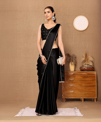 AVANSHEE Self Design, Solid/Plain, Embellished Bollywood Satin Saree(Black)